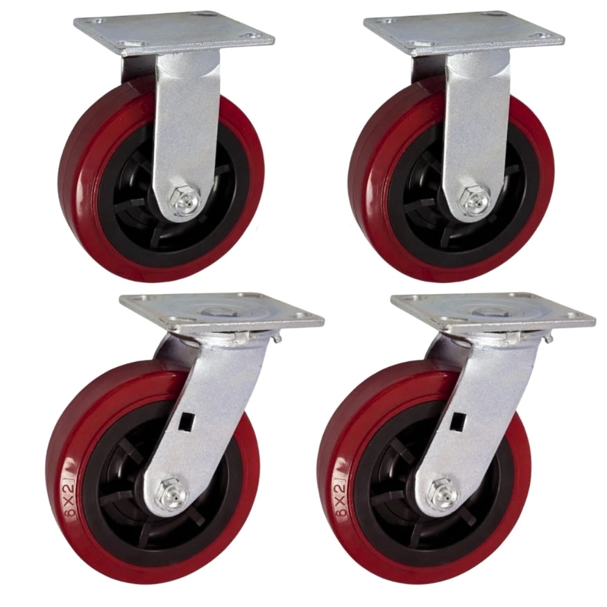 6" X 2" Heavy Duty Caster Set of 4 - 2 Swivel Casters and 2 Rigid Casters - 2880 lbs Per set of 4 - (4 pack) - Dark red Polyurethane on Black Polyolefin Core