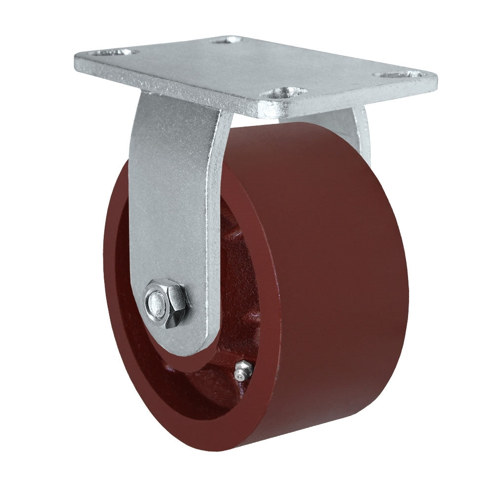6" x 3" Kingpinless Heavy Duty Rigid Caster - Red Ductile Iron Wheel - 6,000 LBS Cap