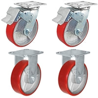 6" x 2" Total Lock Caster Set of 4 - 2 Total Locking Swivel & 2 Rigid with Red Polyurethane on Steel Wheel - 4,800 lbs Capacity Set of 4