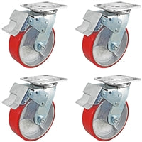 6" x 2" Total Lock Caster Set of 4 with Red Polyurethane on Steel Wheel - 4,800 lbs Capacity Per Set of 4