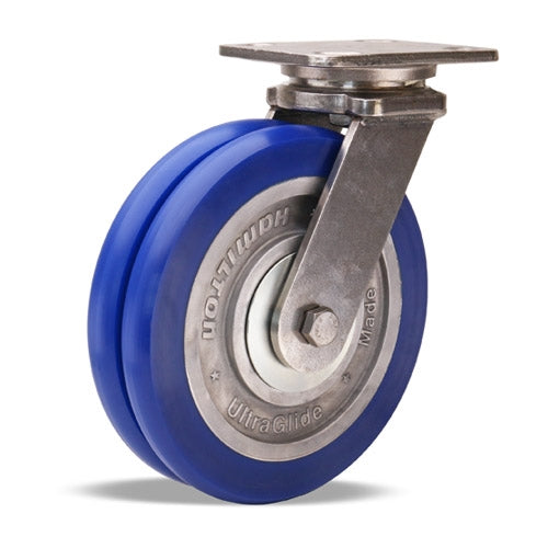 Hamilton 8" UltraGlide Twin Wheel Swivel Caster - 1520 lbs Load Capacity, 85A Blue Tread, Stainless Steel Workhorse, Aluminum Core, 3/4" Precision Bearings