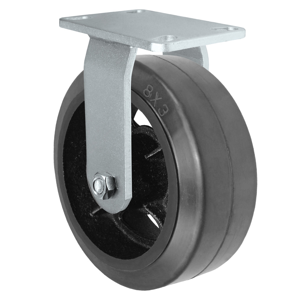 Rigid caster, 8" x 3" rubber on steel wheel, Plate 4-1/2 x 6-1/4" (photo from a matching CasterHQ rigid)