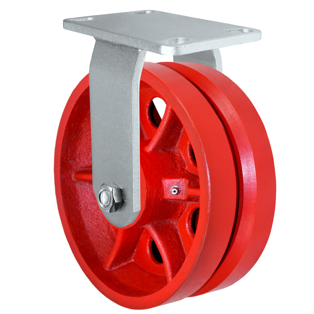 Rigid caster, 6" x 3" v-groove wheel, Plate 4-1/2 x 6-1/4" (photo from a matching CasterHQ rigid)