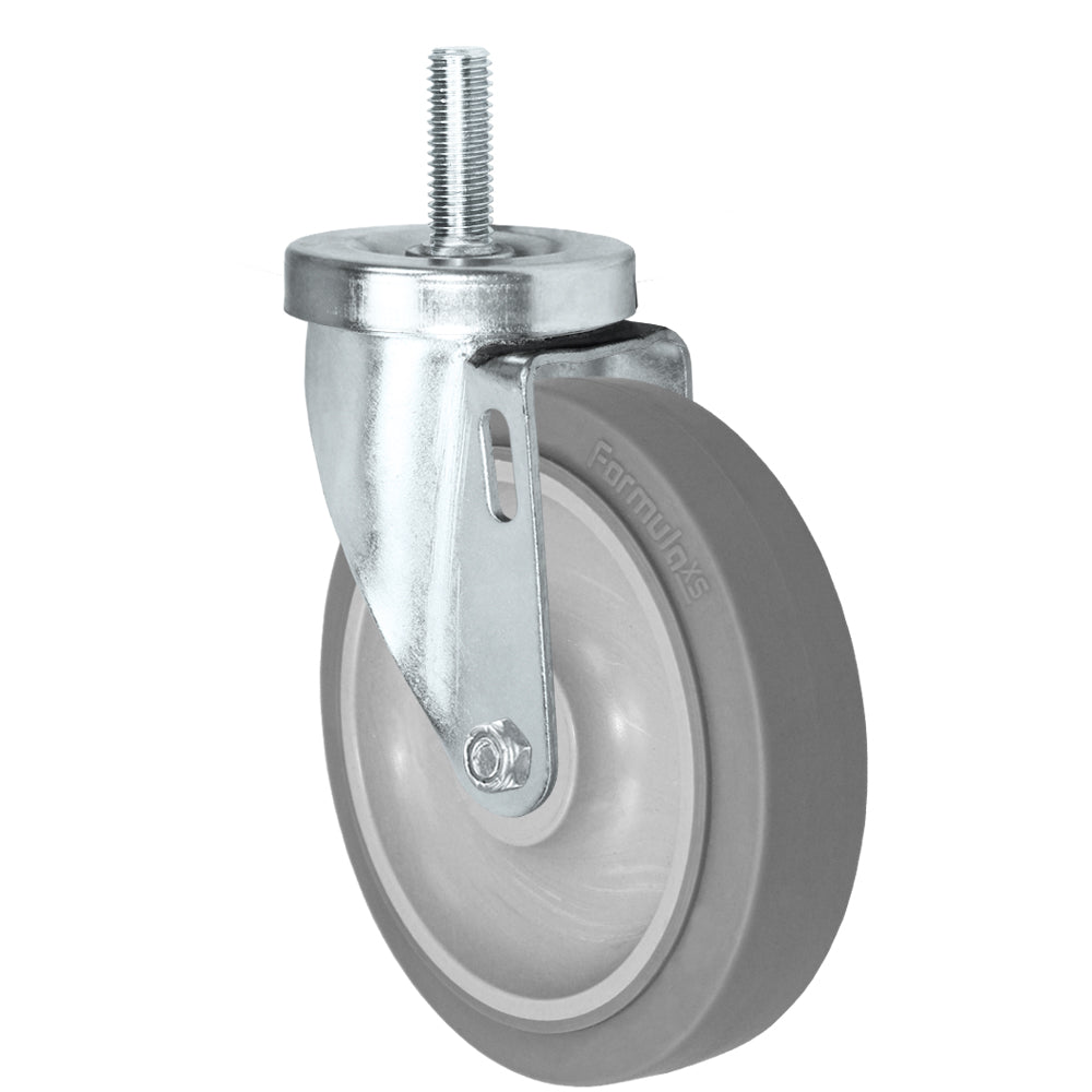 Swivel caster, 5" x 1-1/4" fx thermoplastic rubber wheel, Threaded stem 1/2-13 x 1-1/2" (zinc-plated 24 Series shown)