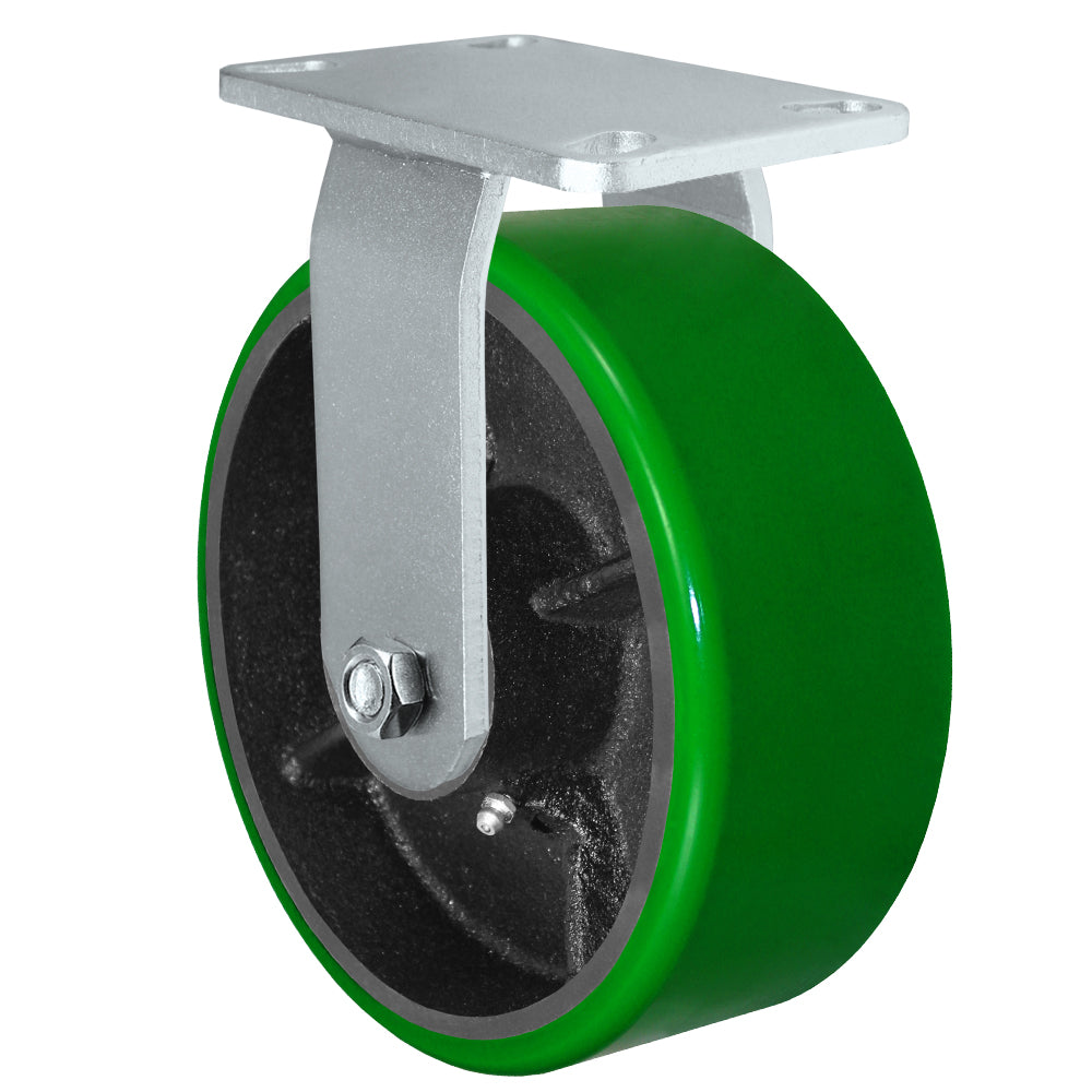 Rigid caster, 8" x 3" polyurethane on steel wheel, Plate 4-1/2 x 6-1/4" (photo from a matching CasterHQ rigid)