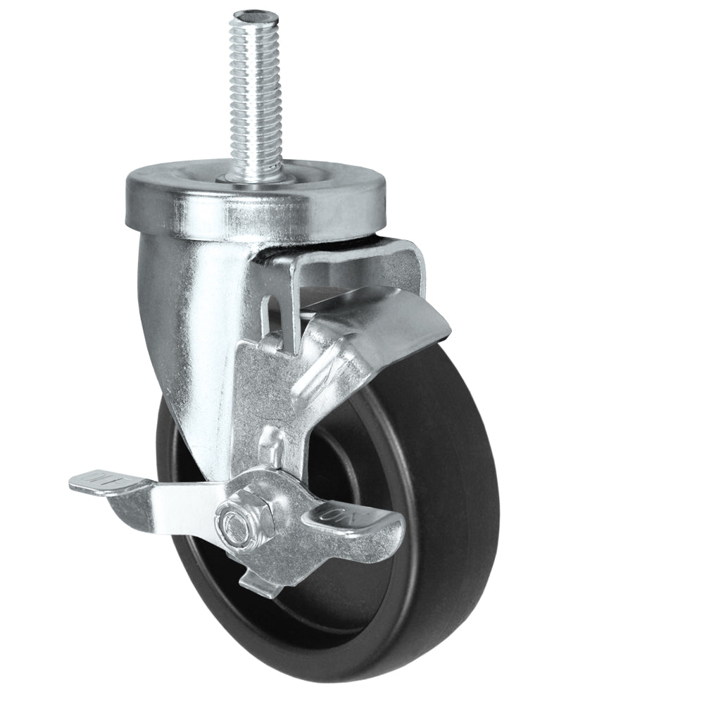Side brake caster, 4 in. polyolefin wheel, threaded stem