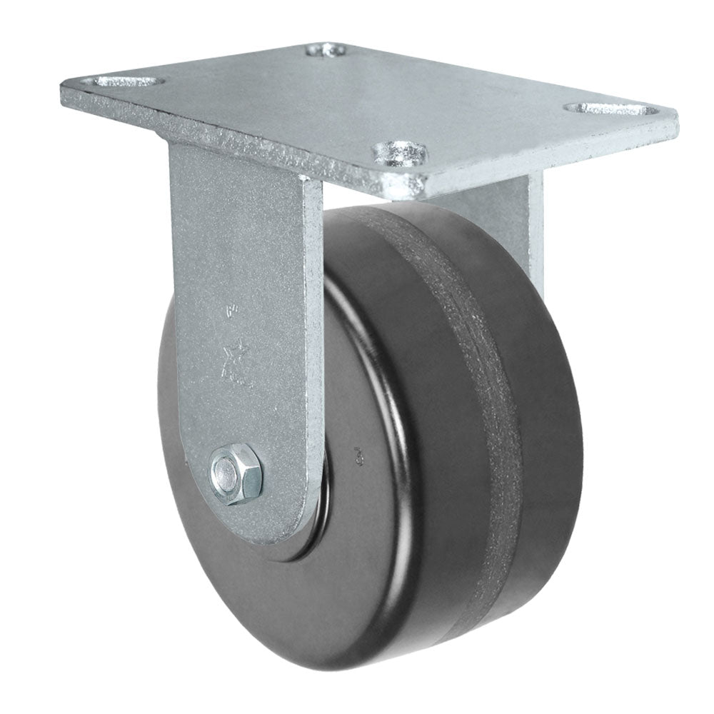 Rigid caster, 6" x 3" phenolic wheel, Plate 5-1/4 x 7-1/4" (photo from a matching CasterHQ rigid)