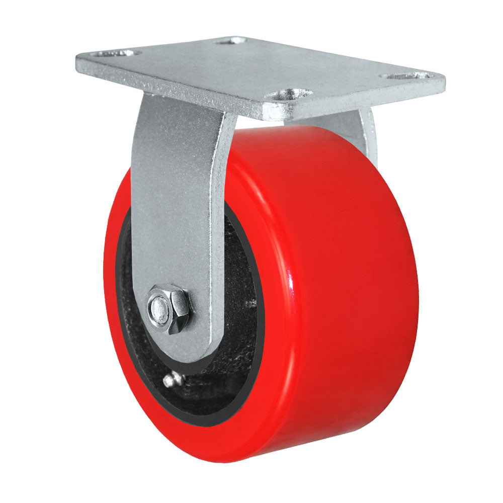 Rigid caster, 6" x 3" hd polyurethane on steel wheel, Plate 4-1/2 x 6-1/4" (photo from a matching CasterHQ rigid)