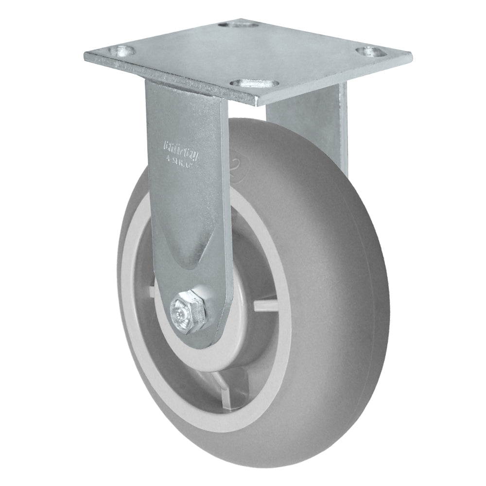 Rigid caster, 4" x 2" donut thermoplastic rubber wheel, Plate 4 x 4-1/2" (photo from a matching CasterHQ rigid)