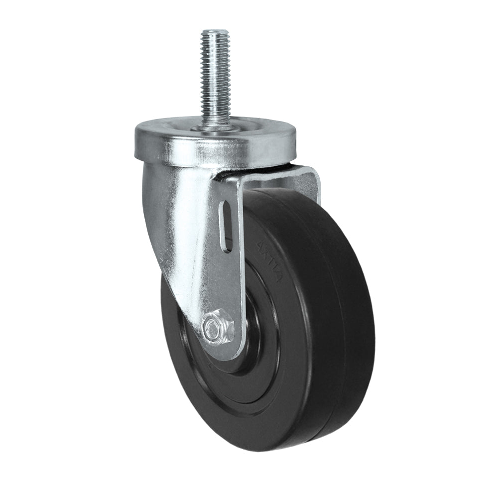 Swivel caster, 4" x 1-1/4" hard rubber wheel, Threaded stem 1/2-13 x 1-1/2"
