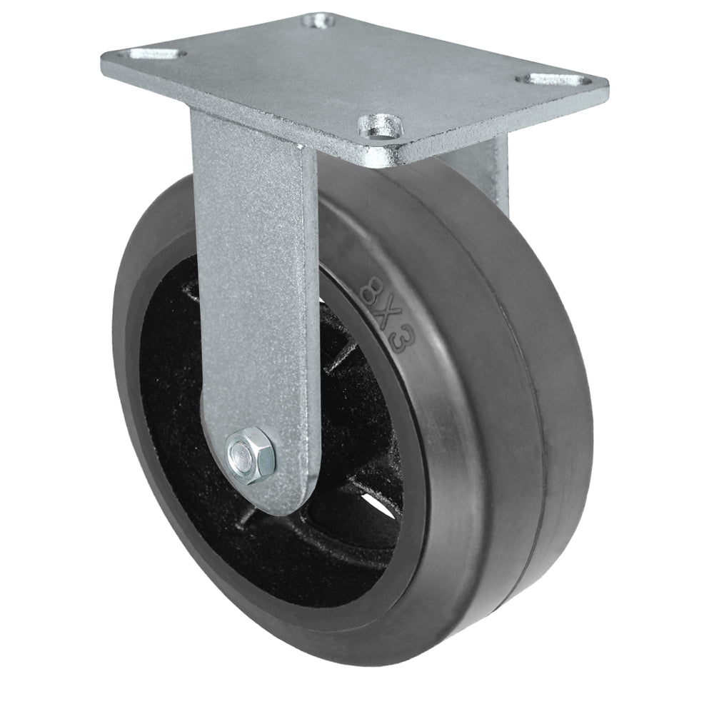 Rigid caster, 8" x 3" rubber on steel wheel, Plate 5-1/4 x 7-1/4" (photo from a matching CasterHQ rigid)