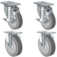 4" X 1.25" Thermo Plastic Rubber Caster Set of 4 - 2 Locking Swivel Casters & 2 Rigid - 1,200 lbs Capacity Per Set