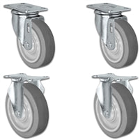 4" X 1.25" Thermo Plastic Rubber Caster Set of 4 - 2 Swivel & 2 Rigid Casters - 1,200 lbs Capacity Per Set