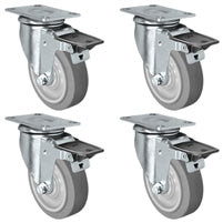 4" X 1.25" Thermo Plastic Rubber Caster Set of 4 - Swivel Front Locking Casters - 1,200 lbs Capacity Per Set