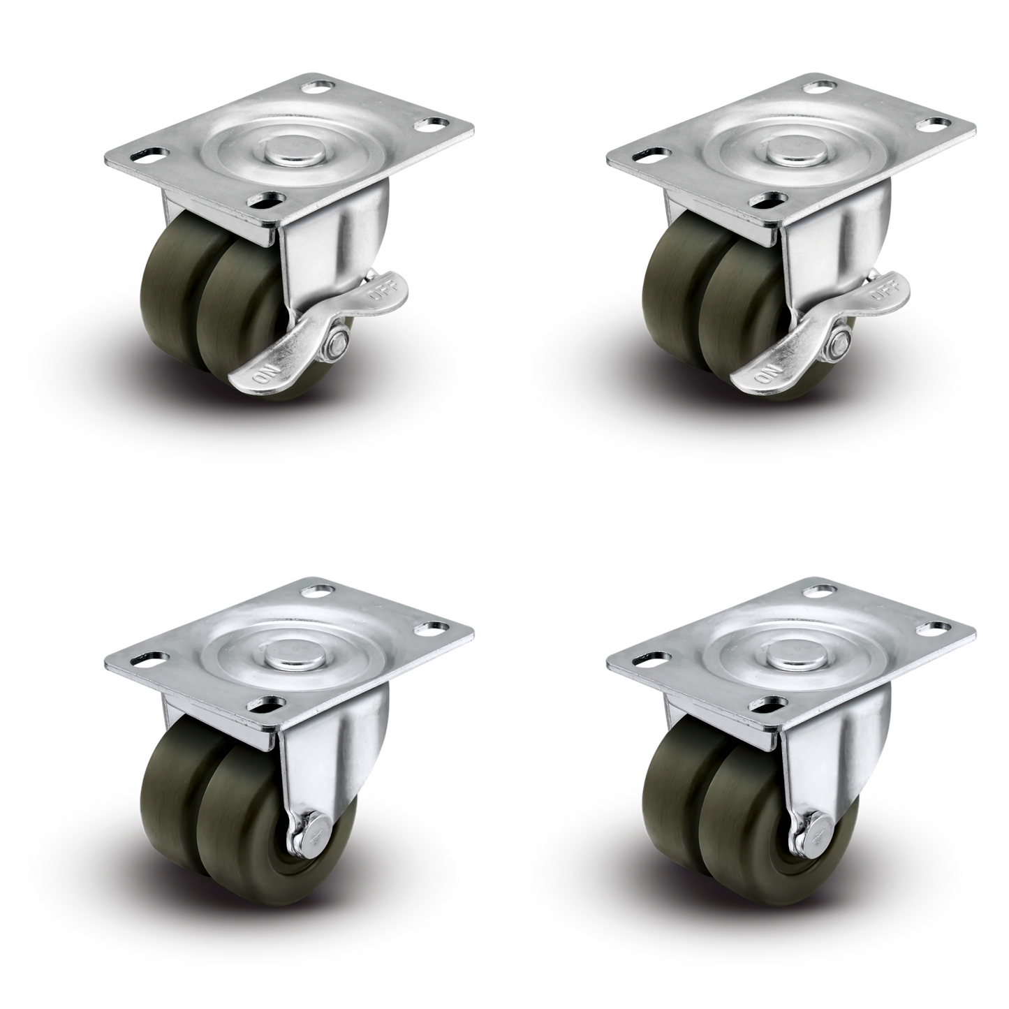 Premium 2" Low Profile Swivel Plate Casters -2 Plain Swivel & 2 With Brakes | Hard Rubber Dual Wheels | 225 lbs Capacity Each / 900 lbs Per Set of 4 | Smooth & Quiet Rolling | Heavy Duty Industrial Casters | Ideal for Furniture, Equipment, and More!