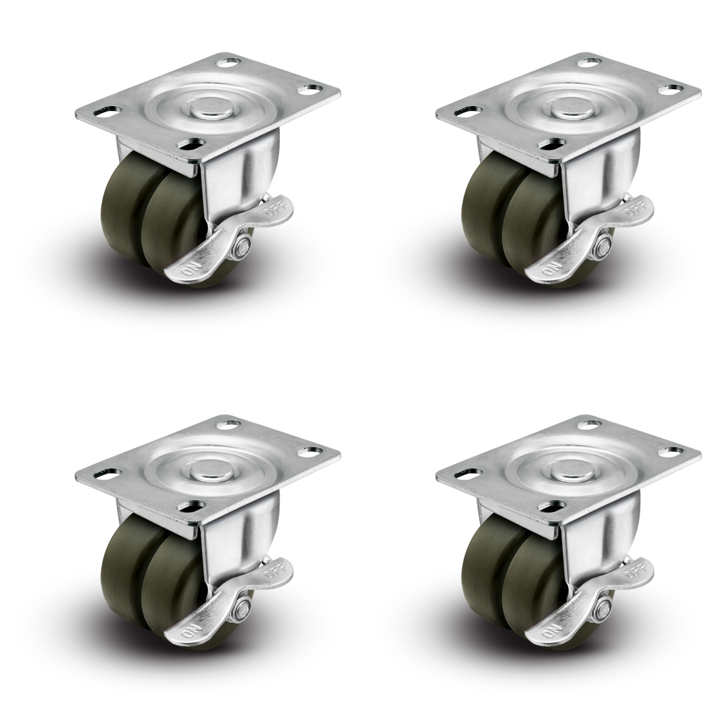 Premium 2" Low Profile Swivel Plate Casters | All with Brakes | Hard Rubber Dual Wheels | 225 lbs Capacity Each / 900 lbs Per Set of 4 | Smooth & Quiet Rolling | Heavy Duty Industrial Casters | Ideal for Furniture, Equipment, and More!