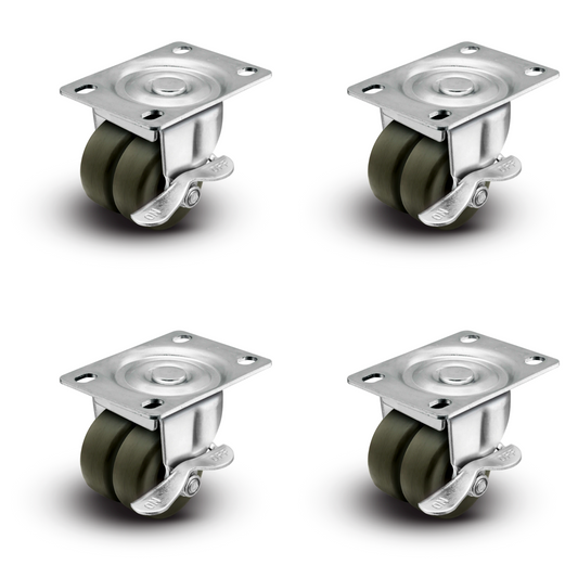 Premium 2" Low Profile Swivel Plate Casters | All with Brakes | Hard Rubber Dual Wheels | 225 lbs Capacity Each / 900 lbs Per Set of 4 | Smooth & Quiet Rolling | Heavy Duty Industrial Casters | Ideal for Furniture, Equipment, and More!