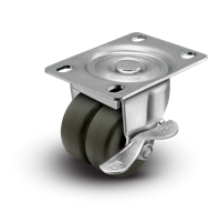 2" Low Profile Swivel Plate Caster w/ Side Lock Brake- Hard Rubber Dual Wheel - 225 lbs Capacity