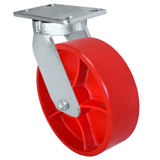 10" x 3" Kingpinless Heavy Duty Swivel Caster - Red Ductile Iron Wheel - 6,000 Lb Cap