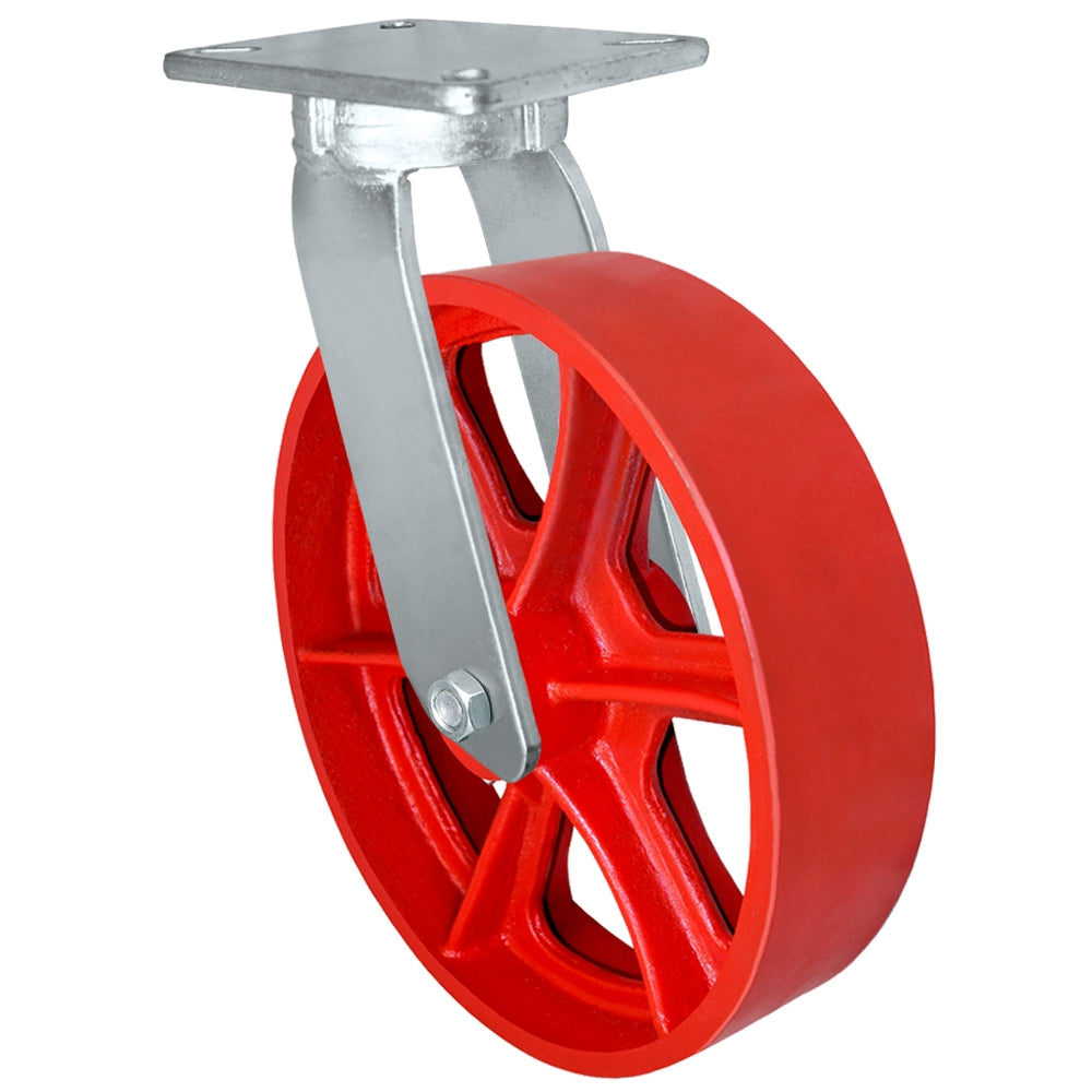 12" x 3" Kingpinless Heavy Duty Swivel Caster - Red Ductile Iron Wheel - 6,000 Lb Cap