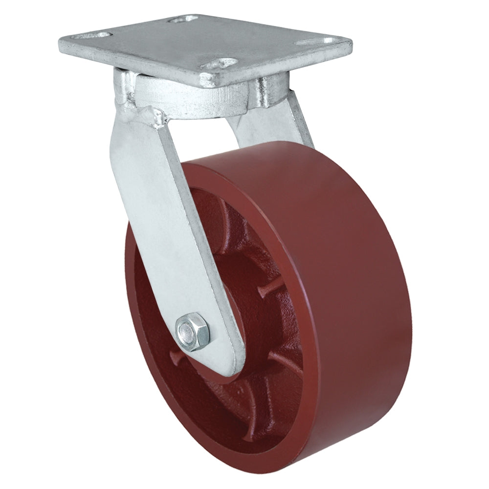 8" x 3" Kingpinless Heavy Duty Swivel Caster - Red Ductile Iron Wheel - 6,000 Lb Cap