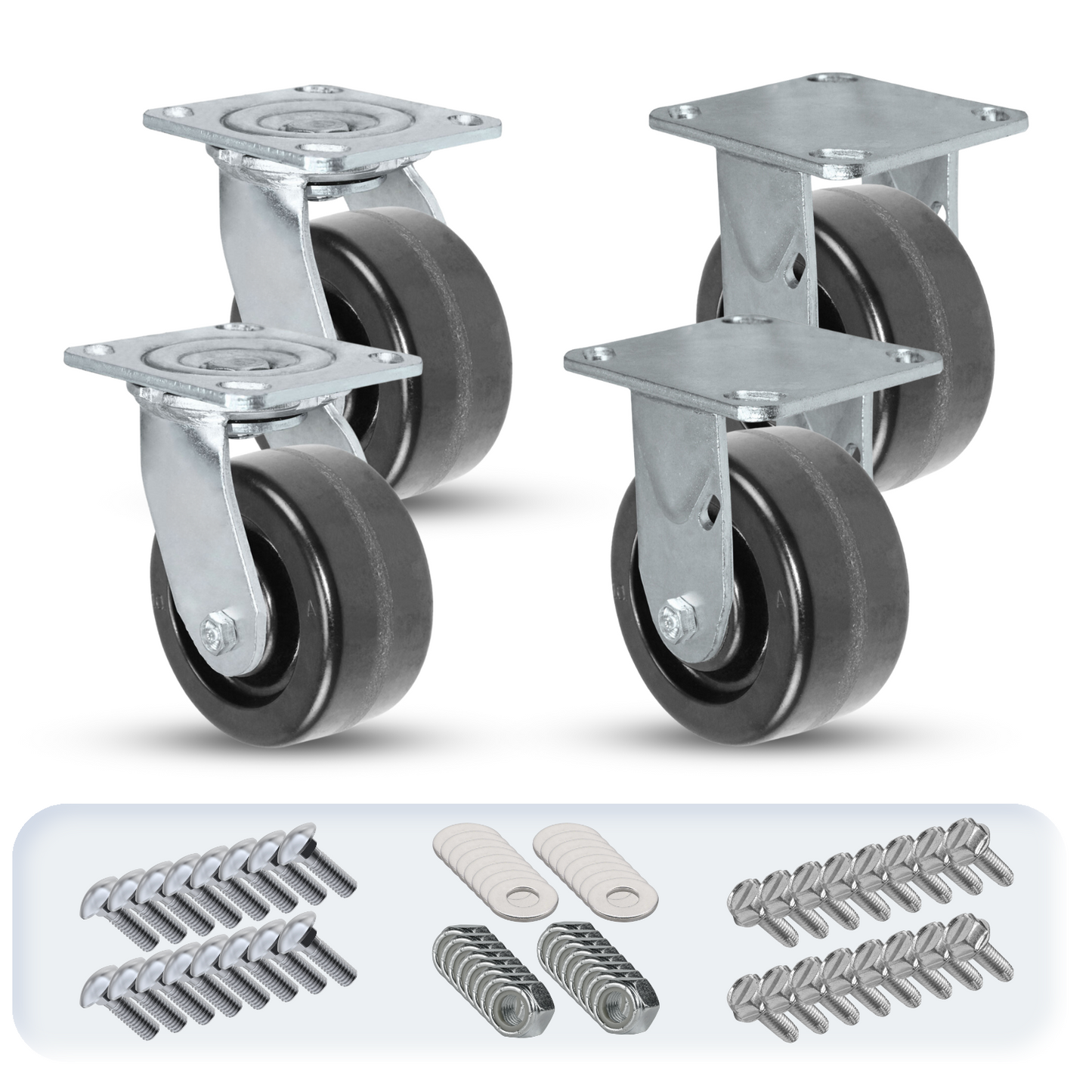 4" x 2" Heavy Duty Caster Set - 2 Swivel & 2 Rigid | 3,200 lbs Capacity | Mounting Hardware Included