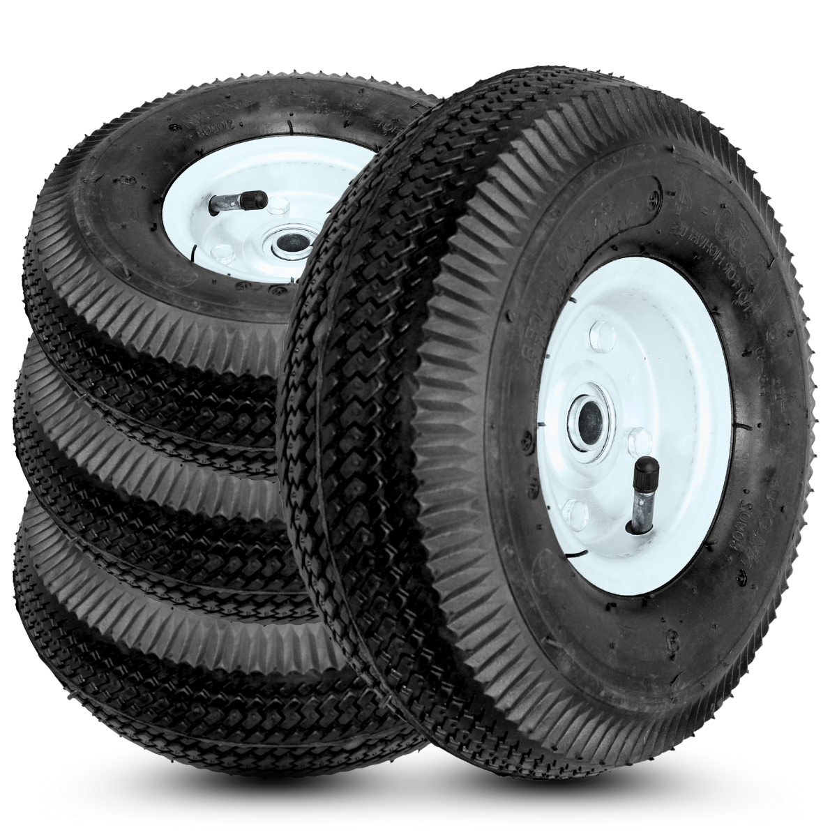 10-Inch Wheel and Tire Set - 4 Pack | 1,400 lbs Capacity Per Set | 4.10/3.50-4 Heavy-Duty Replacement Tires for Utility Dollies, Hand Trucks, Garden Carts, Gorilla Cart, Generators & Lawn Mowers | 5/8" Axle Bore, Double-Sealed Bearings