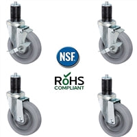 5 inch Gray TPR Caster Wheel Set For Commercial Kitchen Prep Tables, All Swivel - 2 Swivel with Brake & 2 Plain Swivel