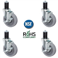 5 inch Gray TPR Caster Wheel Set For Commercial Kitchen Prep Tables, All Swivel - 4 Swivel Casters have Top Lock Brakes