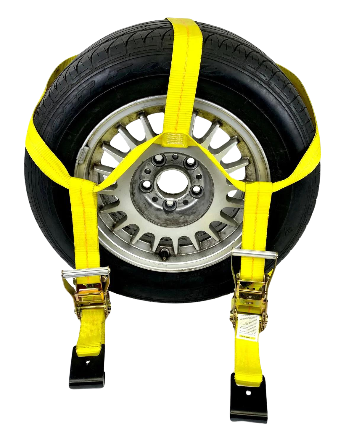 Yellow Side Mount Tire Net Tow Dolly Strap with 2" Ratchets, 32" Adjustable Short End, Flat Hooks, 3,333 lbs WLL, Part CT-TBSWIFT-YL