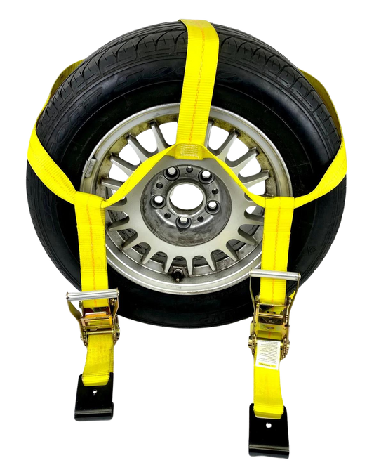 Yellow Side Mount Tire Net Tow Dolly Strap with 2" Ratchets, 32" Adjustable Short End, Flat Hooks, 3,333 lbs WLL, Part CT-TBSWIFT-YL