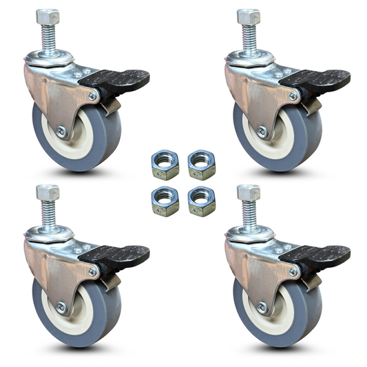 Heavy Duty Locking Casters - 2.5 Inch Gray Swivel Caster Wheels, 3/8-Inch Stem Dia., 1-Inch Stem Length, Threaded Stem Casters, Set of 4