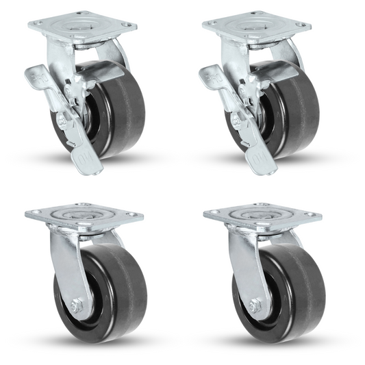 High-Capacity 5" x 2" Swivel Caster Set with Brakes | Durable Phenolic Wheels | 3,200 Lbs Load Capacity | NSF & RoHS Compliant