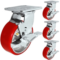 5" X 2" Set of 4 Swivel Casters With Brakes - Red Polyurethane Wheel - 4,000 Lbs Capacity Per Set of 4