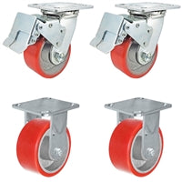 4" x 2" Total Lock Caster Set - 2 Total Locking Swivel & 2 Rigid Casters - Red Polyurethane on Steel Wheel - 2,800 lbs Capacity per set of 4