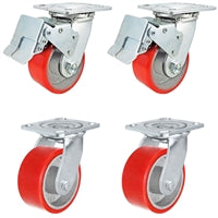 4" x 2" Total Lock Caster Set - 2 Total Locking Swivel & 2 Plain Swivel Casters - Red Polyurethane on Steel Wheel - 2,800 lbs Capacity per set of 4