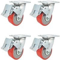 4" x 2" Total Lock Caster Set of 4 with Red Polyurethane on Steel Wheel - 2,800 lbs Capacity per set of 4