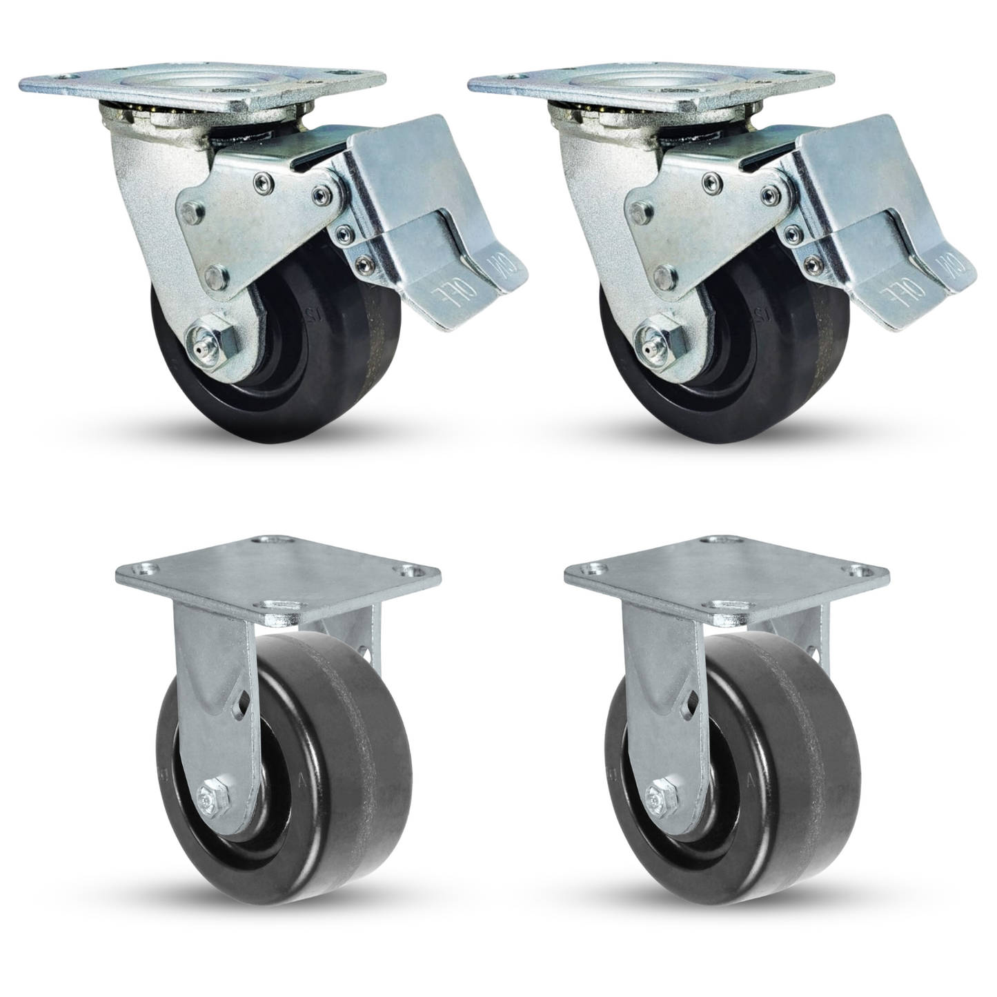 5" x 2" Total Lock Caster Set - Heavy Duty Locking Casters with Dual Pedal Metal Brakes and Phenolic Wheels, 800 lbs Capacity