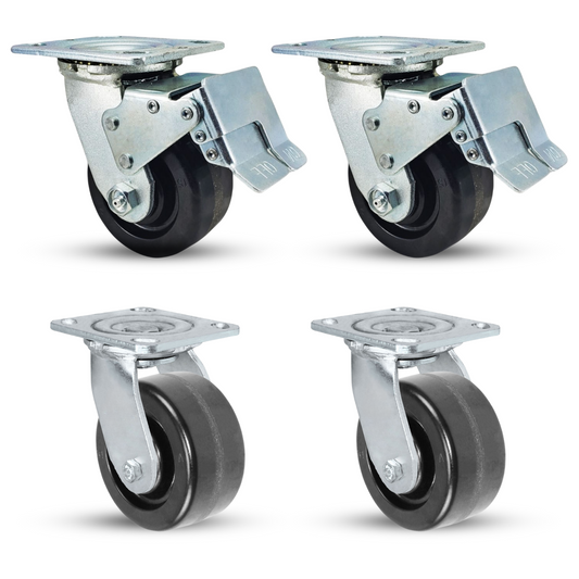 5" x 2" Phenolic Wheel Caster Set - 3200 lbs Capacity, Total Lock & Swivel - Ideal for Medium-Duty Industrial Use