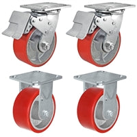 5" x 2" Total Lock Caster Set of 4 - 2 Total Locking Swivel & 2 Rigid Casters - with Red Polyurethane on Steel Wheel - 4,000 lbs Capacity per Set of 4