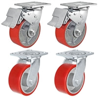 5" x 2" Total Lock Caster Set of 4 - 2 Total Locking Swivel & 2 Plain Swivel Casters - with Red Polyurethane on Steel Wheel - 4,000 lbs Capacity per Set of 4