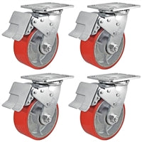 5" x 2" Total Lock Caster Set of 4 with Red Polyurethane on Steel Wheel - 4,000 lbs Capacity per Set of 4