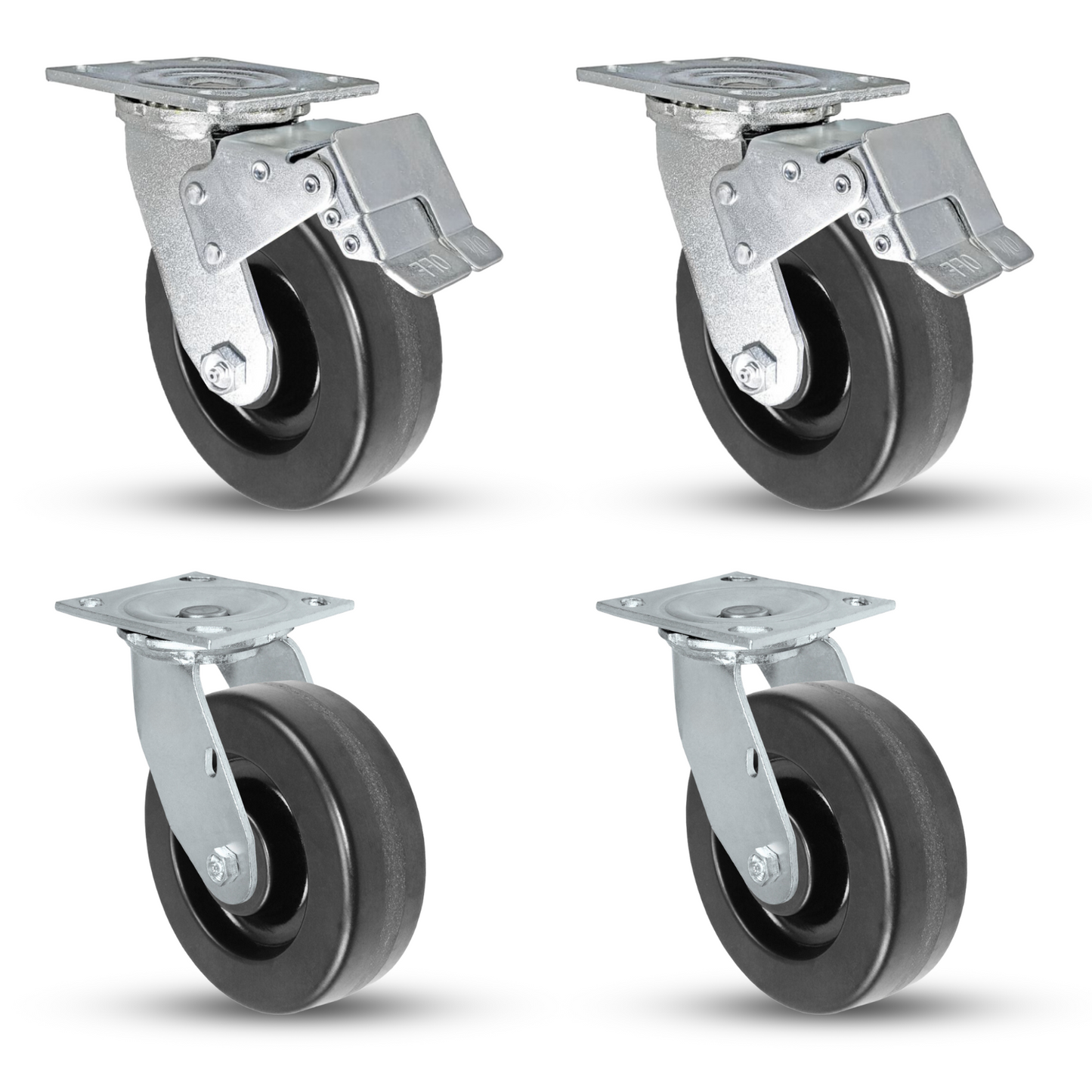 Heavy-Duty 6" x 2" Phenolic Wheel Caster Set - 3600 Lbs Capacity - Includes 2 Total Lock & 2 Swivel Casters