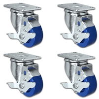 3" Solid Polyurethane Wheel | 4 Swivel with Brakes | Caster Set of 4 | Plate Size: 2-3/8" x 3-5/8" | 1,200 lbs Capacity Per Set