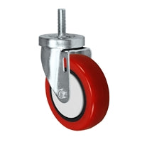 4" Threaded Stem Caster - Swivel Caster with Red Polyurethane on Polyolefin Core Wheel - 300 lbs Per Caster - 1/2" x 1-1/2" Long Threaded Stem Caster