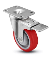 3" x 1-1/4" Total Locking Plate Caster | Red Polyurethane Wheel | 2-3/8" x 3-5/8" Top Plate | 300 lbs Capacity