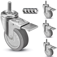 3" Swivel Caster w/ Threaded Stem (4-Pack) | Gray Rubber Wheel | Total Locking Brake | 1,200 lbs Capacity/Set