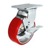 MEDIUM DUTY 5"X 2" RED POLYURETHANE ON IRON WHEEL - SWIVEL CASTER WITH BRAKE 1,100 lbs Capacity