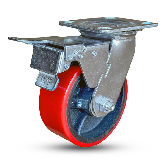 5" x 2" Total Locking Caster with Polyurethane on Iron Wheel | 1100 lbs Capacity | 4" x 4-1/2" Mounting Plate