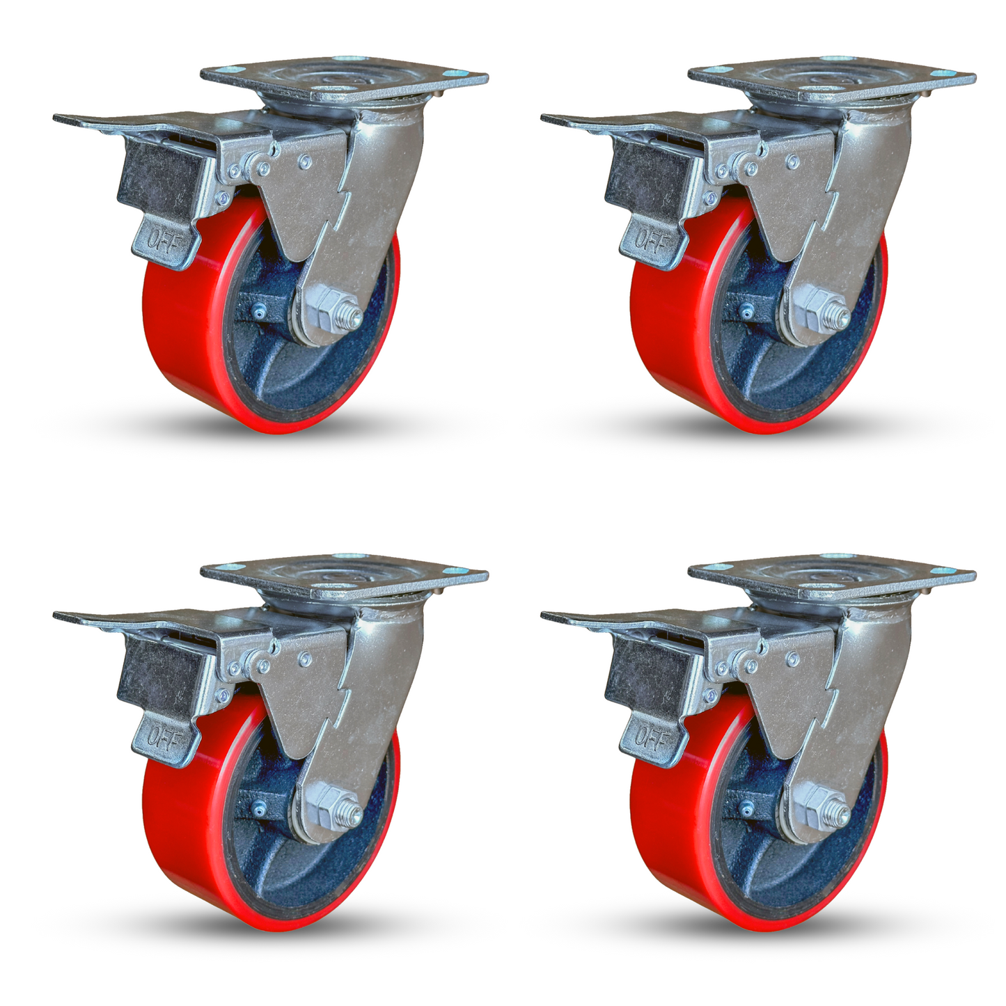 5" x 2" Casters Set of 4 | 4 Total Locking Casters with Polyurethane on Iron Wheel | 4400 lbs Capacity | 4" x 4-1/2" Mounting Plate